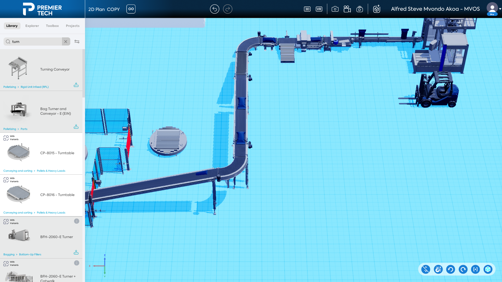 Liveline 3D layout builder with a searchable conveyor and palletizing asset library on the left