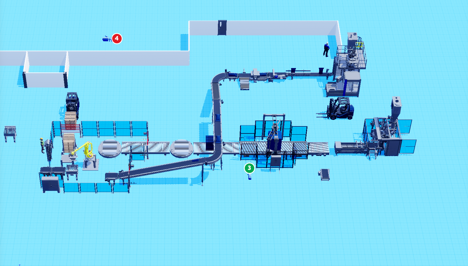 Full 3D layout of a bagging and palletizing line with numbered walkthrough markers
