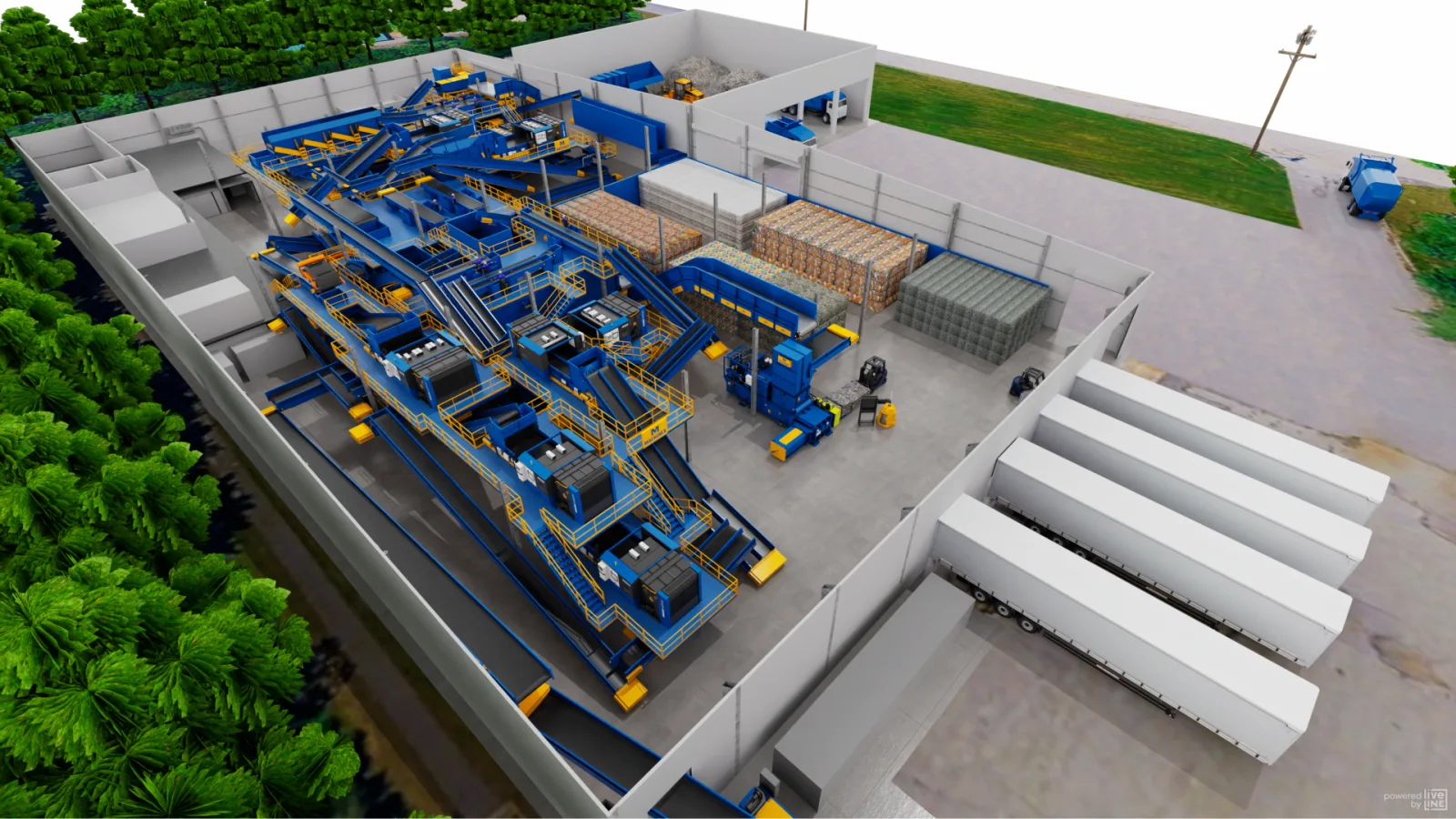 Aerial 3D render of a sorting facility